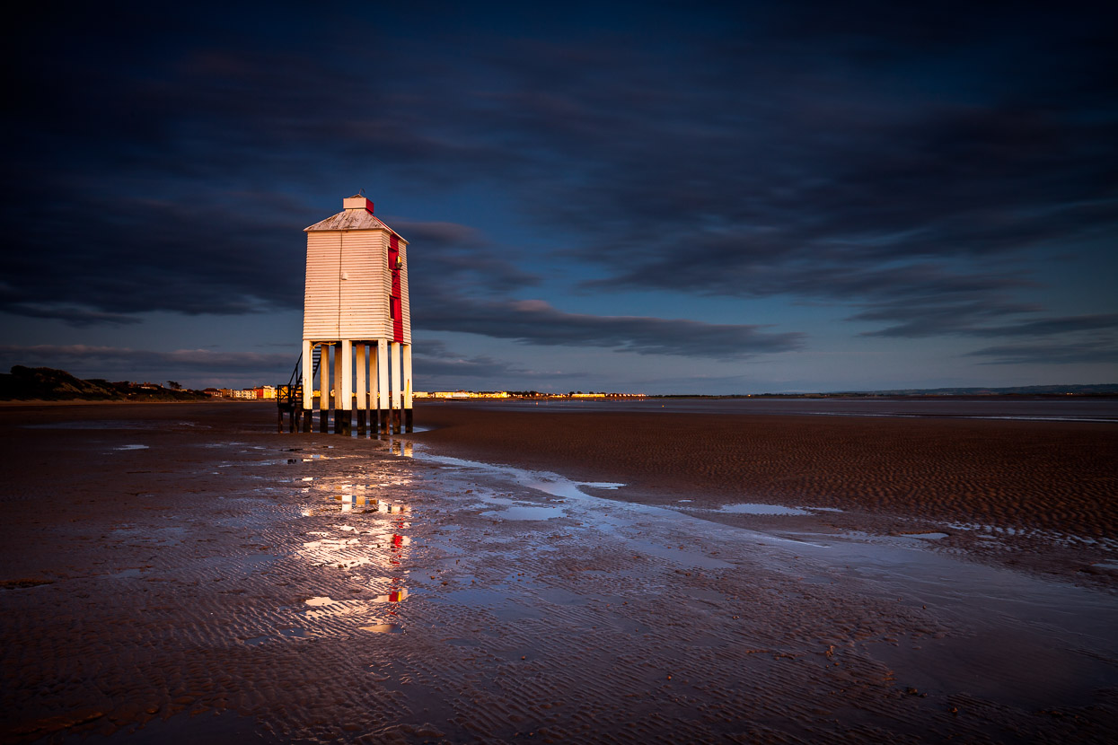 Low Lighthouse at Burnham on Sea as night falls